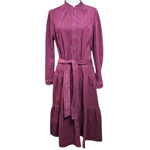 Boden Ellen Corduroy Midi Shirt Dress Burgundy Plum Belted Pockets 14R